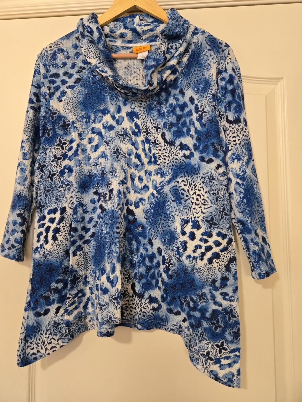 Ruby Rd. Blue Patterned Cowl Neck Tunic Sweater Comfy Cozy